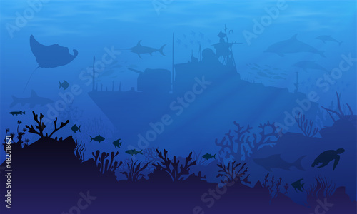 Underwater landscape background with silhouette of shipwreck, stingray, dolphin and turtle. Underwater Shipwreck vector Illustrations
