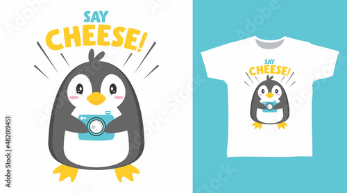 Cute penguin with camera tee designs concept
