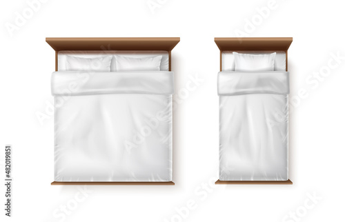3d realistic vector icon set. Single and double bed with white bedsheets, duvet and two pillows.