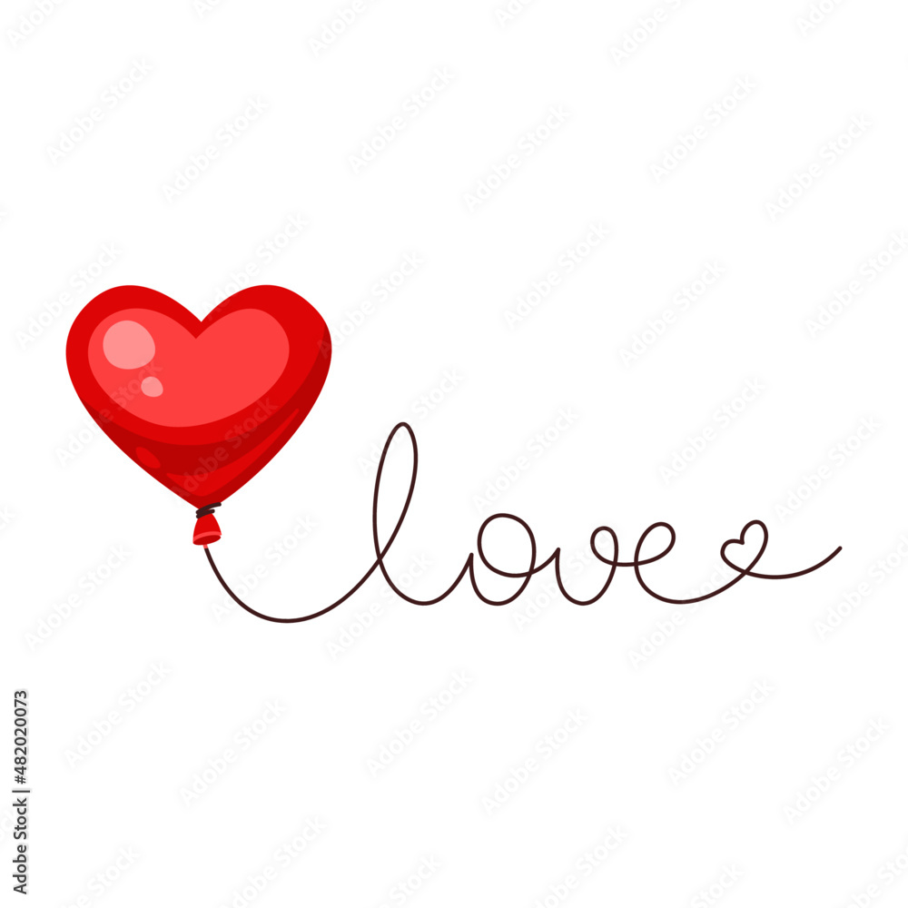 Red heart-shaped balloon and lettering love isolated on white background. Valentine's day or wedding card. Vector illustration