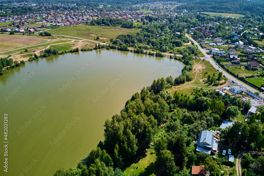 Aerial view of the Mashkovsky pond in the village of Mashkovo, Zhukovsky district, Kaluga region, Russia