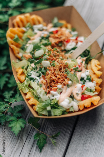 Plant based stuffed potatoes. Vegan fast food.