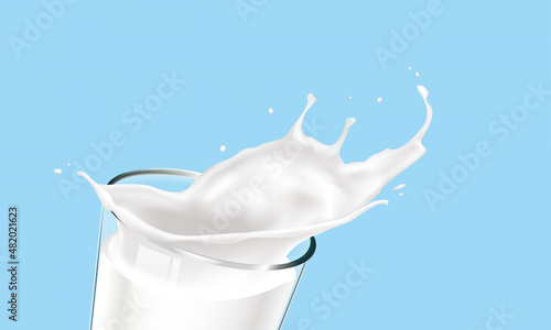Milk splash in a glass on blue background.
