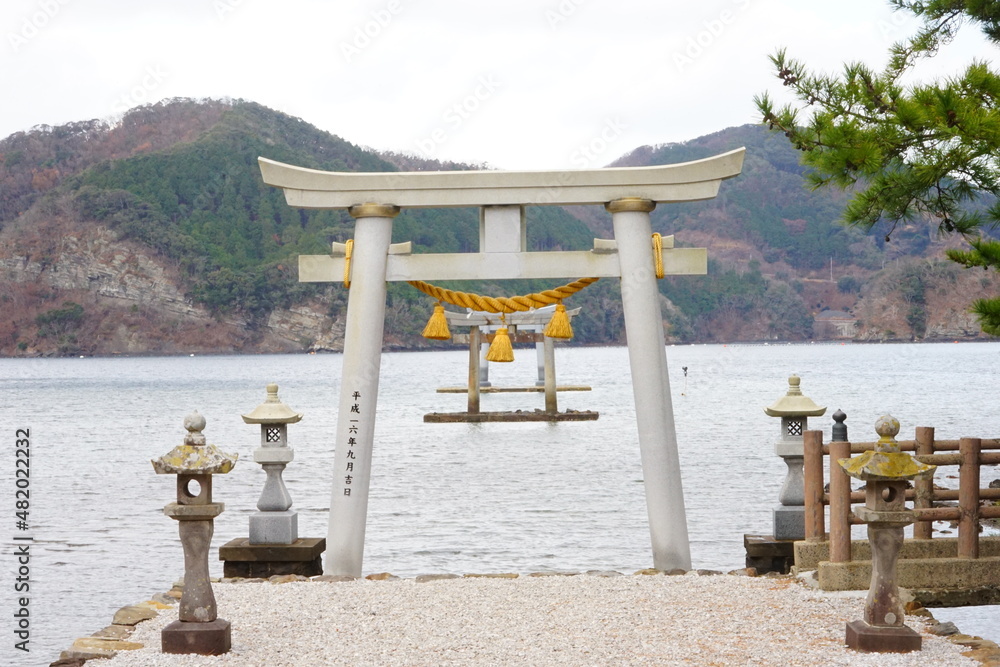Torii of Watazumi jinja or Shrine in Tsushima, Nagasaki, Japan - 日本 長崎県 対馬 和多都美神社 鳥居 Torii of Watazumi jinja or Shrine in Tsushima, Nagasaki, Japan - 日本 長崎県 対馬 和多都美神社 鳥居