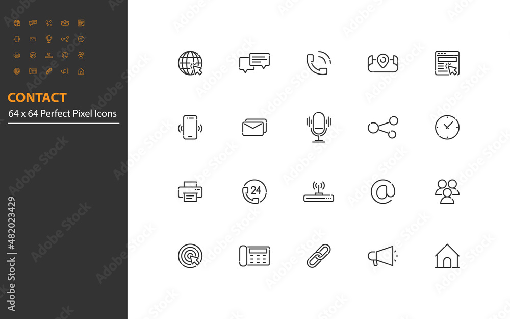 set of contact line icons, address, communication, email