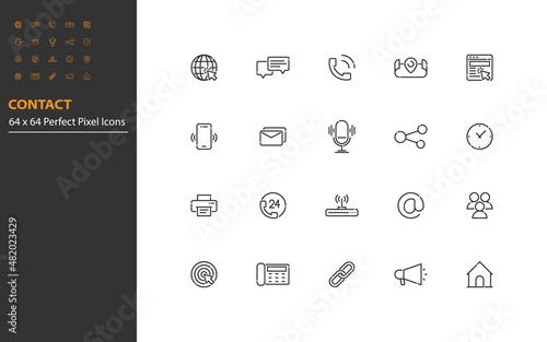 set of contact line icons, address, communication, email