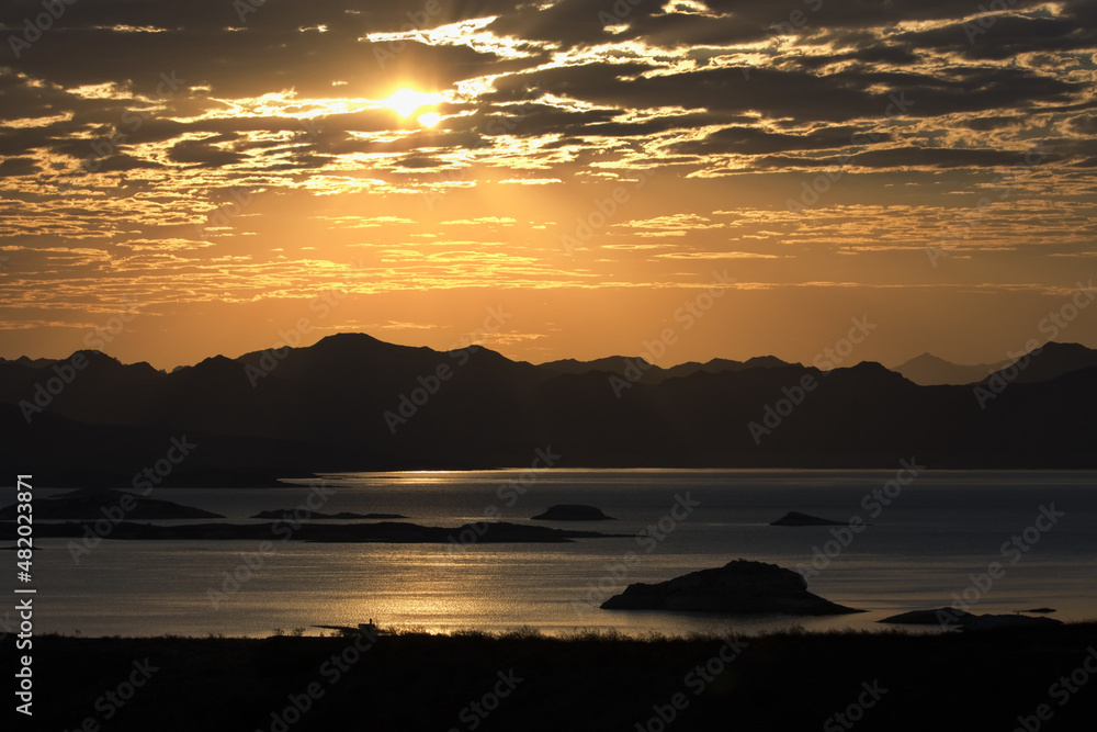 Gentle glow of beautiful sunrise at Lake Mead National Recreation Area 