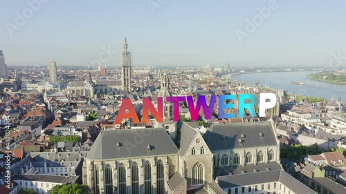 Inscription on video. Antwerp, Belgium. St. Paul s Cathedral (Sint-Pauluskerk). Lightning strikes the letters, Aerial View, Point of interest photo