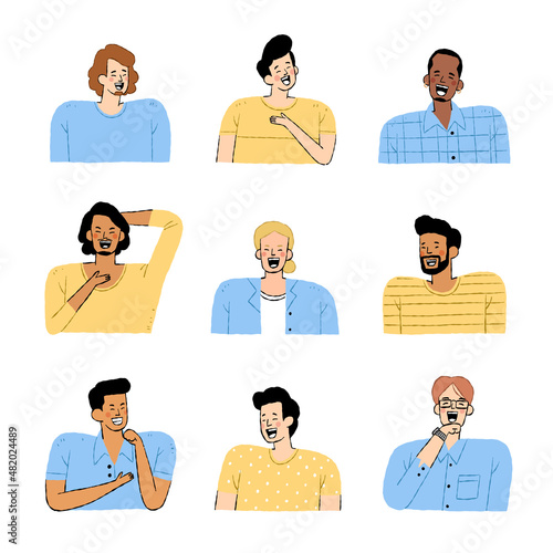 set of men laughing or smiling in various cloths action and color skin