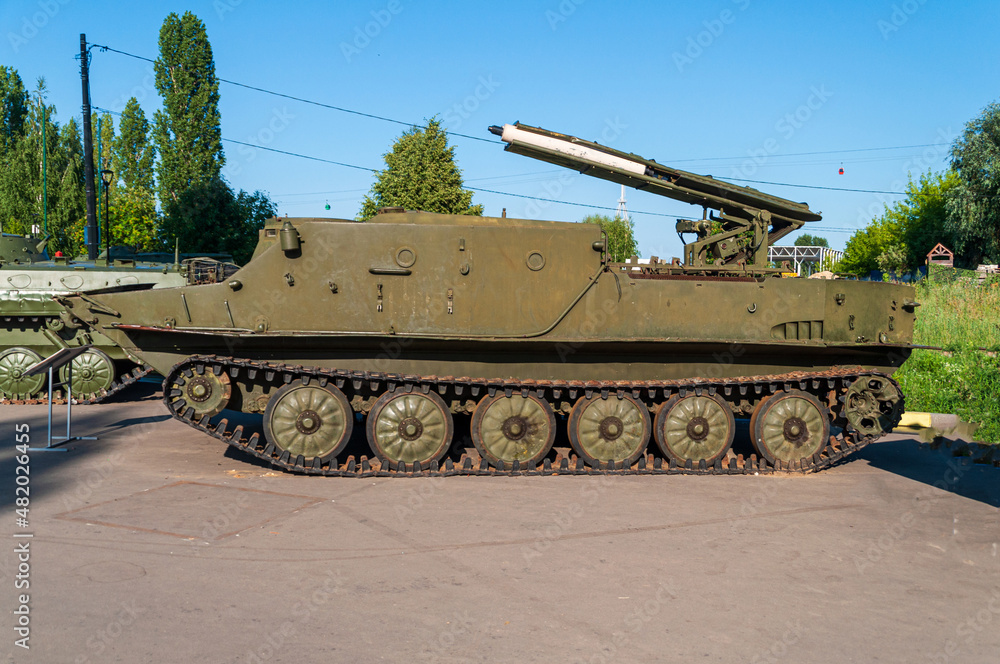 Soviet demining installation. UR 67 installation of demining on a tracked course in the victory park in Nizhny Novgorod. Against the background of green trees and blue sky. High quality photo Soviet demining installation. UR 67 installation of demining on a tracked course in the victory park in Nizhny Novgorod. Against the background of green trees and blue sky. High quality photo