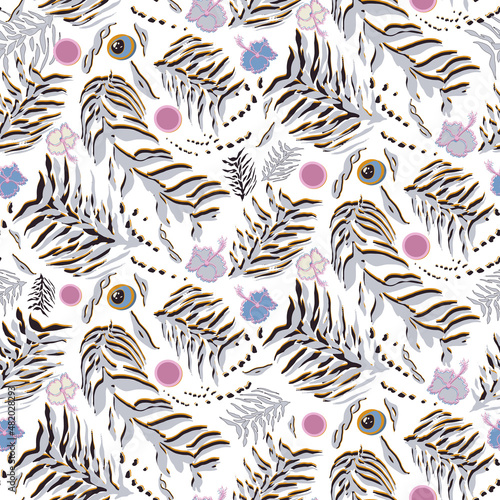 Vector EPS10 seamless pattern - White Tiger, abstract background. Blue eyes, pink nose, spot shapes on the tiger's back like the branches with leaves.
