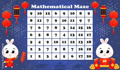 Mathmetical maze for kids with rabbit with firecrackers and lucky bags, money and coins on dark blue background photo