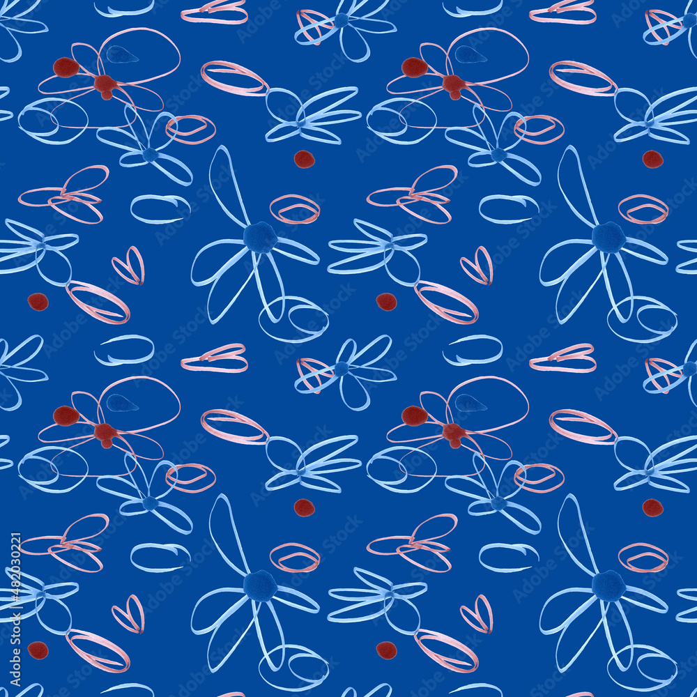 Seamless pattern of flowers drawn by line markers on a blue background. For fabric, sketchbook, wallpaper, wrapping paper. Seamless pattern of flowers drawn by line markers on a blue background. For fabric, sketchbook, wallpaper, wrapping paper.