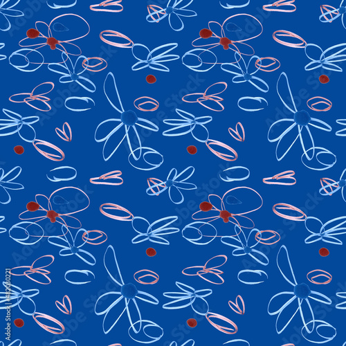 Seamless pattern of flowers drawn by line markers on a blue background. For fabric, sketchbook, wallpaper, wrapping paper.