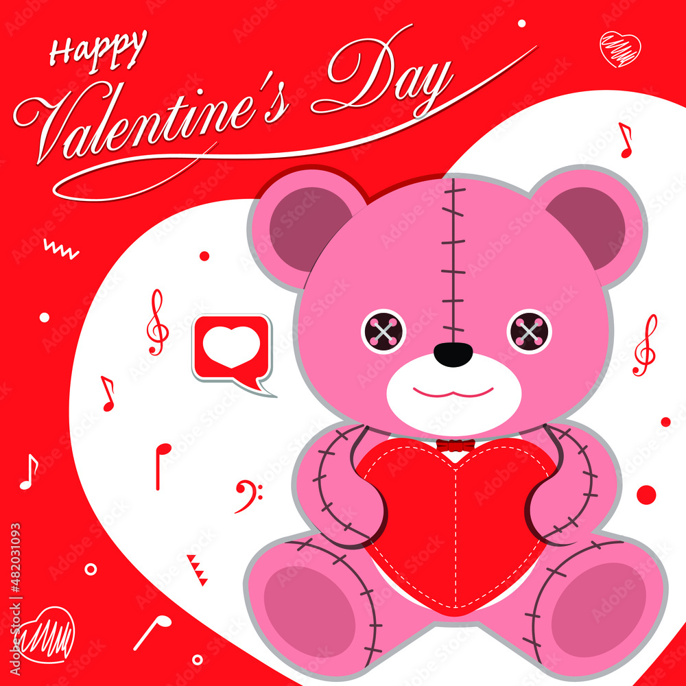 Obraz premium vector illustration of a teddy bear holding a heart Red background, musical notes, geometric shapes, for use in love festivals and valentines day.