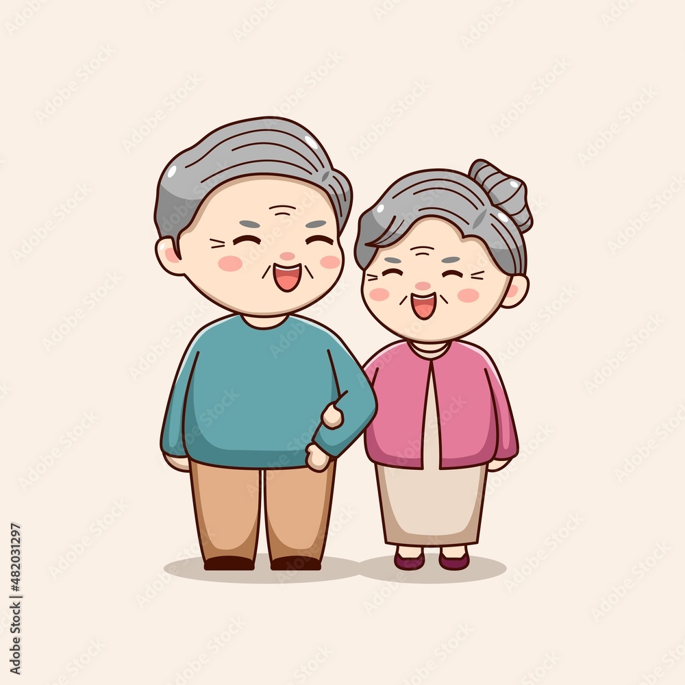 Cute happy grandparent laughing together kawaii chibi character vintage design valentines day couple Cute happy grandparent laughing together kawaii chibi character vintage design valentines day couple