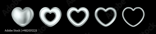 Set of silver Hearts. Realistic vector illustration of shiny gloss metallic hearts isolated on black background. Symbol of love and Valentines day