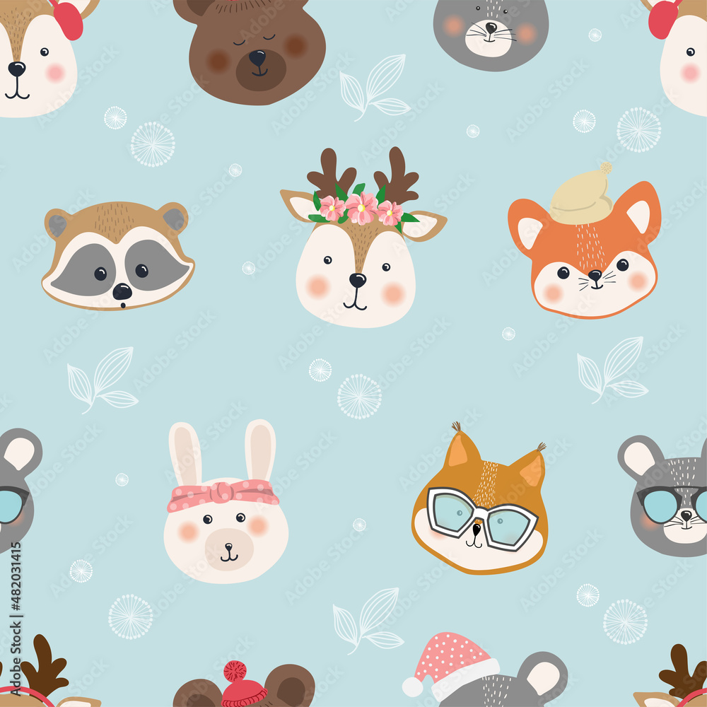 Obraz premium Seamless pattern cute muzzles forest animals, children's print on clothes.Vector illustration.