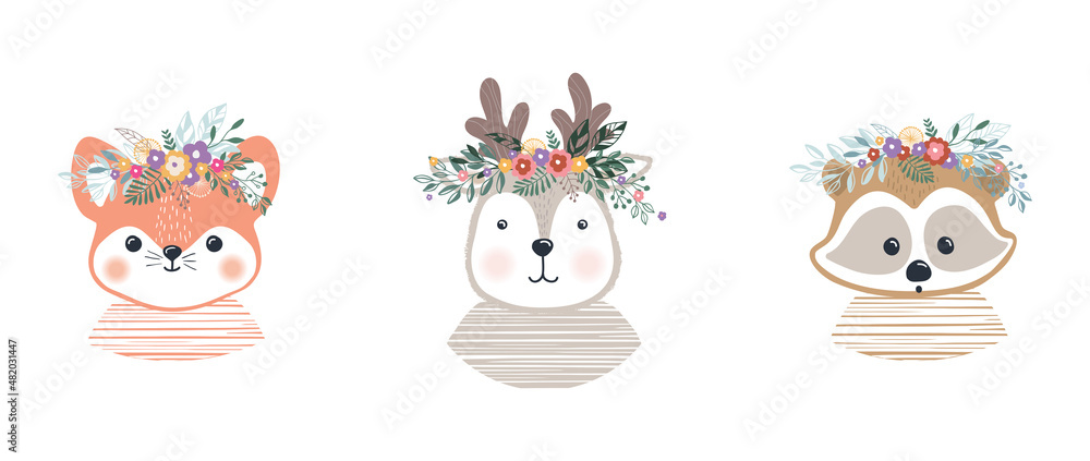 Naklejka premium Set vector illustration of cute little fox,fawn and a raccoon. Baby picture, print on clothes.Flat design.