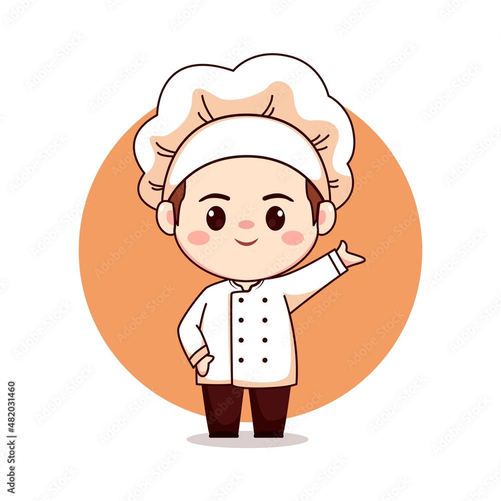 Cute happy male bakery chef cartoon manga chibi mascot logo character Cute happy male bakery chef cartoon manga chibi mascot logo character