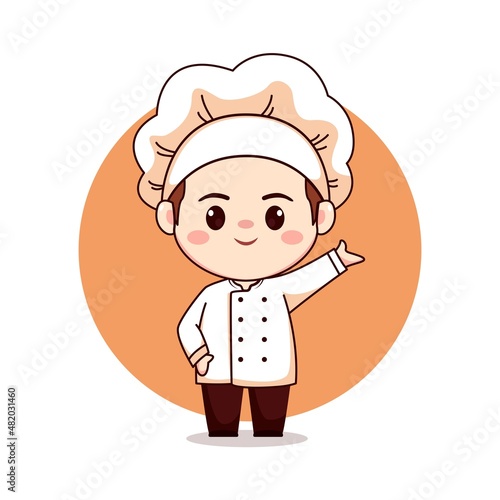 Cute happy male bakery chef cartoon manga chibi mascot logo character