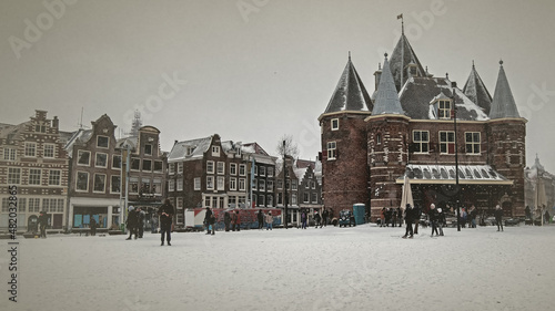 Canvas Print Old vintage photo from the Nieuwmarkt in Amsterdam the Netherlands in winter