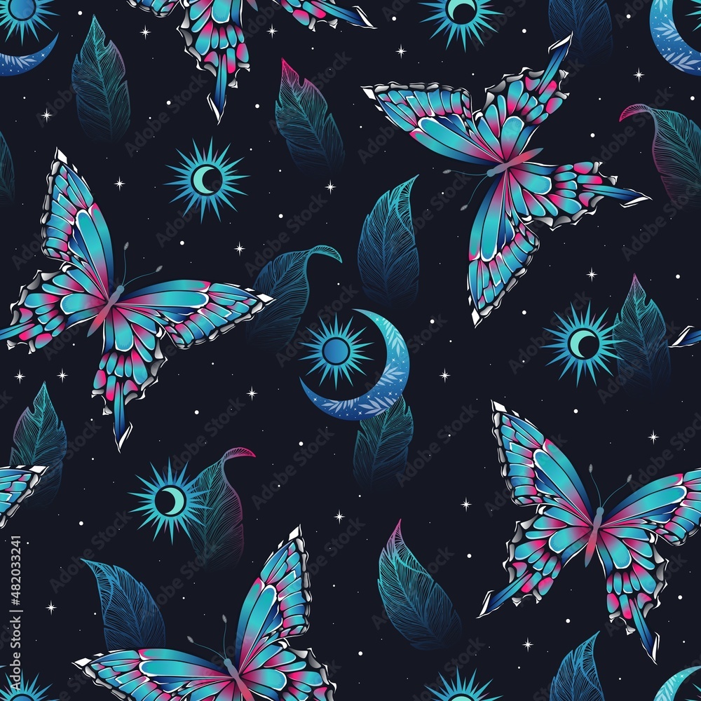 Magical pattern with butterflies and herbs. Ethnic moon seamless pattern. Bohemian fabric design. Contemporary composition.
