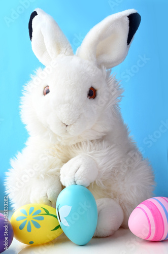 Easter bunny rabbit with painted eggs on blue background. Easter holiday concept.
