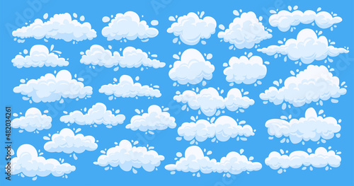 Fototapeta Naklejka Na Ścianę i Meble -  Cartoon clouds. Cute simple summer clouds on blue sky, flat white game elements. Vector set