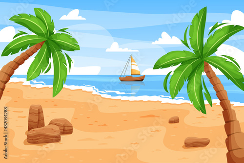 Fototapeta Naklejka Na Ścianę i Meble -  Sea beach landscape. Cartoon island scene with ocean shore and palm trees. Vector summer vacation background