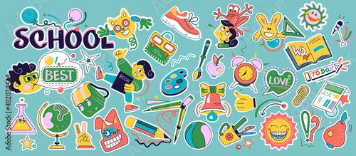 School badges. Abstract trendy stickers with school supplies, elementary and college education emblems. Vector isolated set