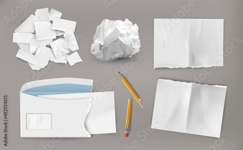 Crumpled wasted paper. Realistic torn paper sheet with ripped envelope and crinkled notes