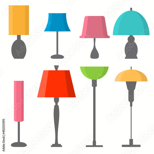 Set of different lamps. Floor and table lighting equipment. Vector