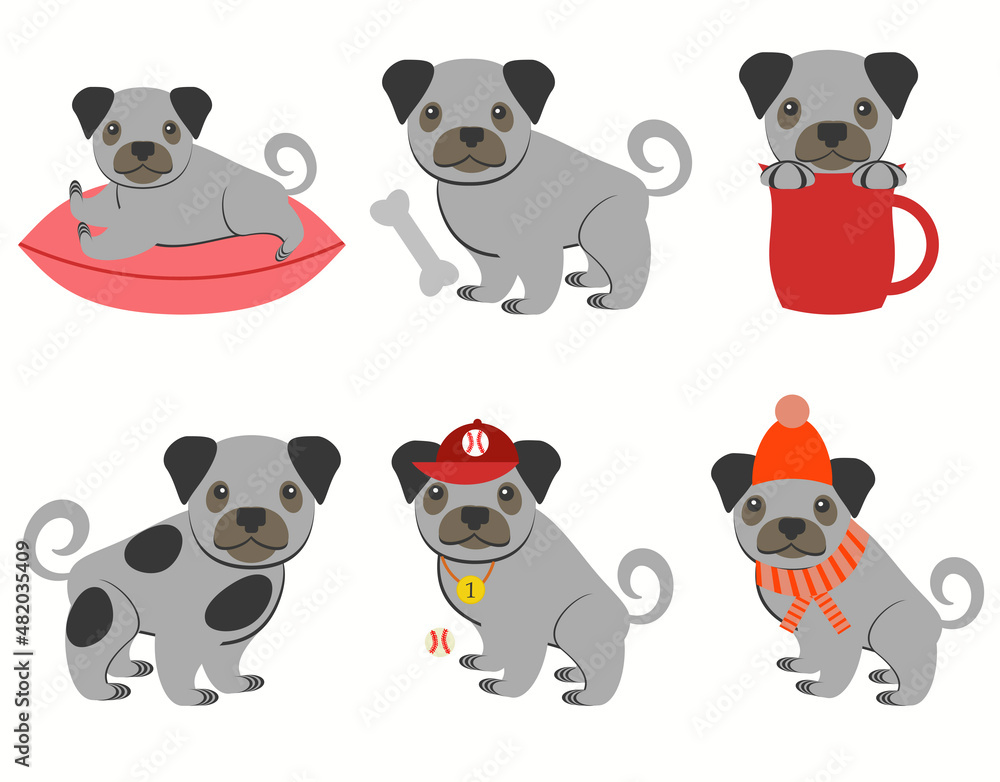 Obraz premium Pug dog set. Dogs in different poses