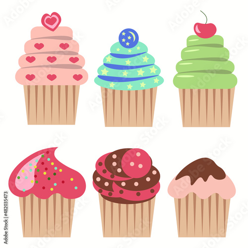 ?upcake of different colors. Cake with whipped cream, ganache and chocolate