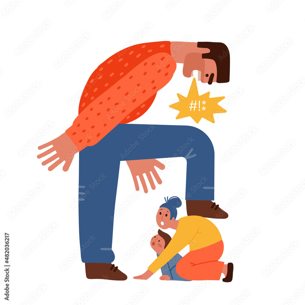 Scared woman protect herself and her child from cruel mad husband. Angry furious man scream and threaten afraid wife and kid. Domestic violence and abuse concept. Flat hand drawn vector illustration. - obrazy, fototapety, plakaty 