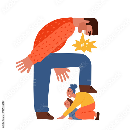 Scared woman protect herself and her child from cruel mad husband. Angry furious man scream and threaten afraid wife and kid. Domestic violence and abuse concept. Flat hand drawn vector illustration.