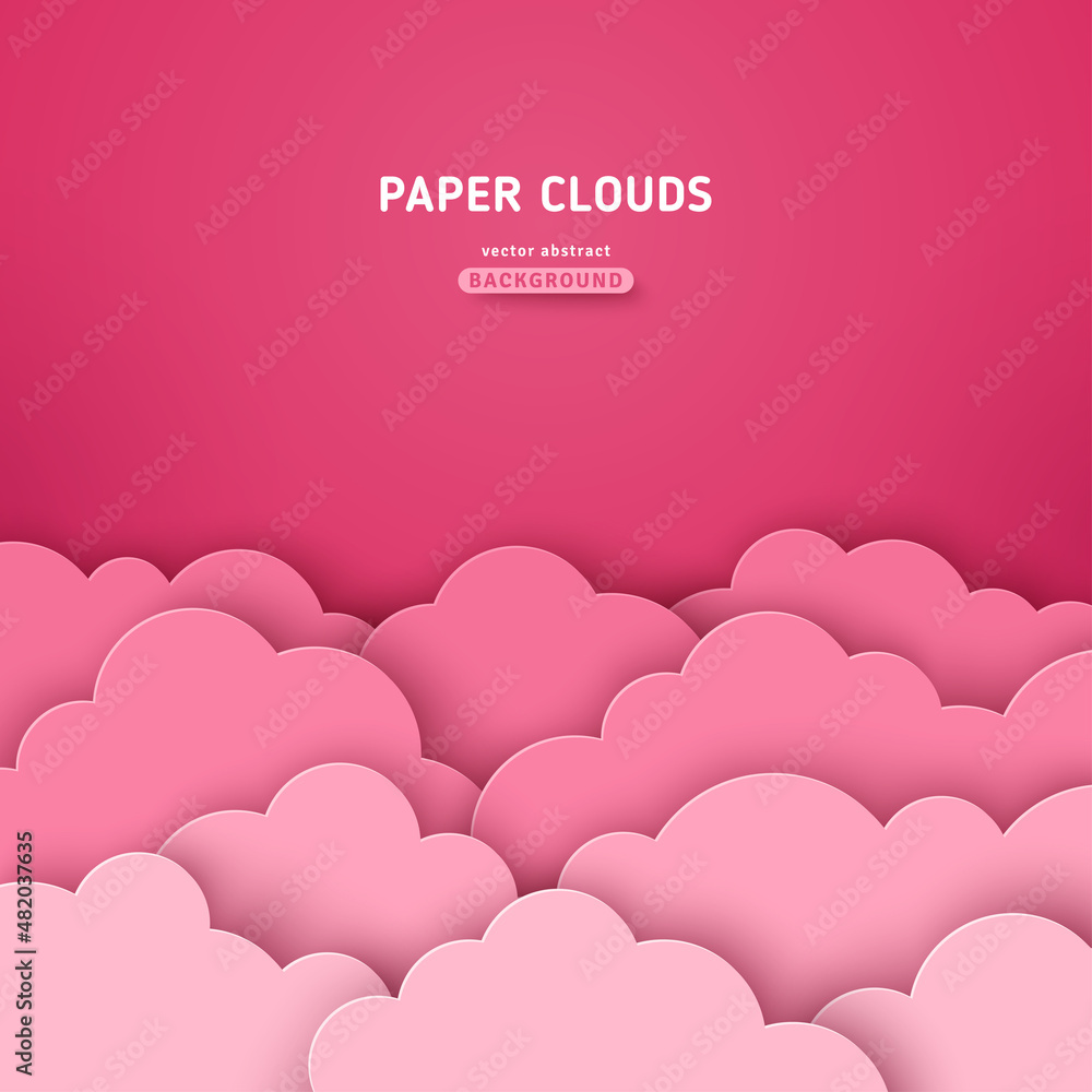 Beautiful paper rose clouds on pink background. Vector illustration. Papercut art. Place for text. Happy Valentine's day backdrop, baby girl wallpaper. Romantic brochure layout template Beautiful paper rose clouds on pink background. Vector illustration. Papercut art. Place for text. Happy Valentine's day backdrop, baby girl wallpaper. Romantic brochure layout template