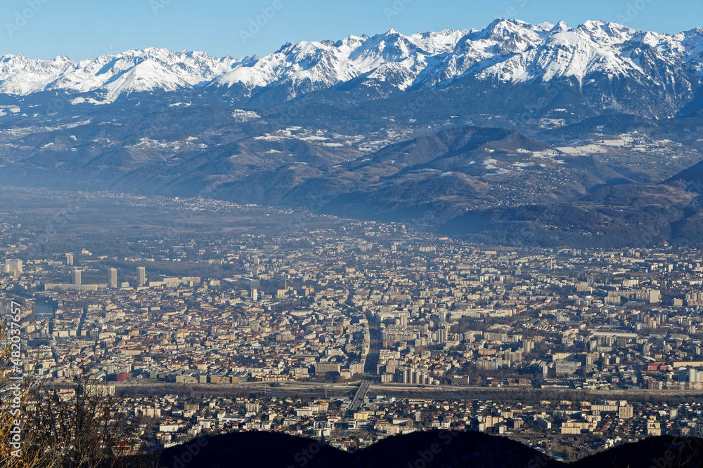 Grenoble city and Belledonne mountain range landscape