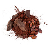 Cocoa beans with cocoa powder and big chocolate pieces isolated on a white background. Top view.