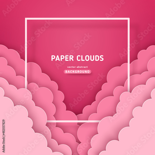 Beautiful cotton pink clouds with white square frame on dawn sky background. Vector illustration. Paper cut style. Place for text. Happy Valentine's day pastel backdrop, baby girl fantasy dream