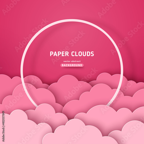 Beautiful cotton pink clouds with white round frame on dawn sky background. Vector illustration. Paper cut style. Place for text. Happy Valentine's day pastel backdrop, baby girl fantasy poster