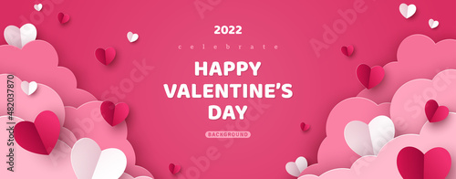 Horizontal banner with pink sky and paper cut clouds. Place for text. Happy Valentine's day sale header or voucher template with hearts. Rose cloudscape border frame pastel colors. photo