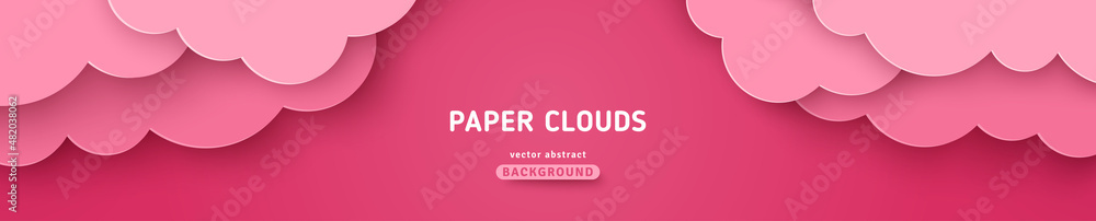 Pink romantic clouds, paper cut background. Cloudy rose sky, vector illustration. Cloudscape border frame. Place for text. Happy Valentine's day pastel header, baby girl dream magic fantasy banner