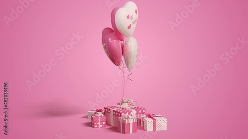 Valentine’s Day festive balloons tied to present boxes or gifts dynamic rotation. Pink, white colored heart shaped balloons with signs, pink background. Abstract romantic greeting. 3D Render, 4K clip