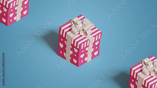 Cute jumping present boxes, paper bows dynamic animation. Bright pink, white colored gifts with heart shapes, stripes pattern, blue background. Cartoon style festive video. Celebration 3D Render, 4K