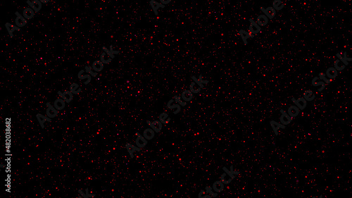 Abstract burning particles in a chaotic flight in the boundless galactic space. 3D. 4K. Isolated black background.