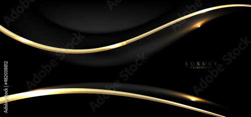 Abstract elegant black wave curved shape background with 3D golden line and lighting effect