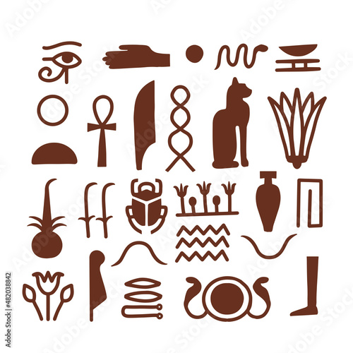 Egyptian hieroglyph signs set isolated on white. Ancient civilization symbols. Egypt civilization hand drawn silhouette icons. Simple vector illustration.