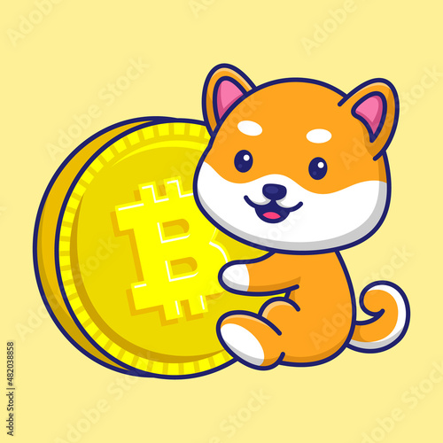 Cute Shiba Inu with Coin Cartoon Vector Icon Illustration. Animal Character Mascot Flat Concept.